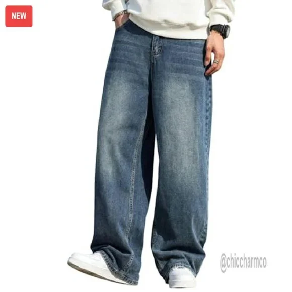 Men's Baggy Hip Hop Jeans Wide Leg Skater Denim Pants Loose Fit